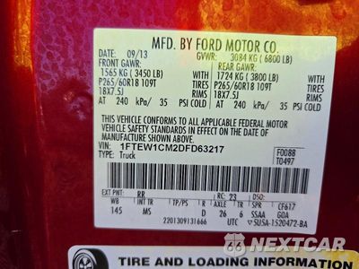 Zdjęcie 12 z 12 samochodu: 2013 FORD F150 SUPERCREW VIN:1FTEW1CM2DFD63217 - miniatura