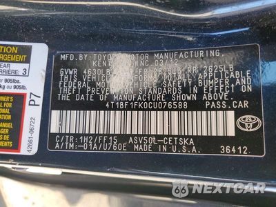 Zdjęcie 12 z 12 samochodu: 2012 TOYOTA CAMRY SE VIN:4T1BF1FK0CU076588 - miniatura