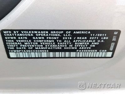 Zdjęcie 12 z 12 samochodu: 2012 VOLKSWAGEN PASSAT SE VIN:1VWBP7A35CC026552 - miniatura
