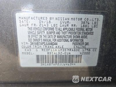 Zdjęcie 12 z 12 samochodu: 2018 NISSAN SENTRA SV VIN:3N1AB7AP2JL646344 - miniatura