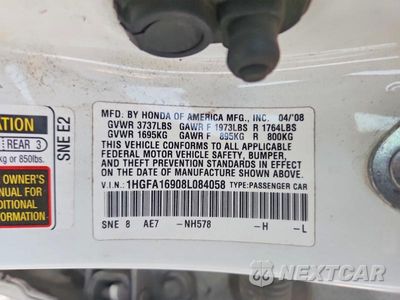 Zdjęcie 12 z 12 samochodu: 2008 HONDA CIVIC EXL VIN:1HGFA16908L084058 - miniatura