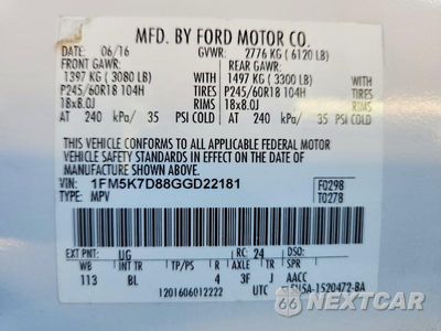 Zdjęcie 13 z 13 samochodu: 2016 FORD EXPLORER XLT VIN:1FM5K7D88GGD22181 - miniatura