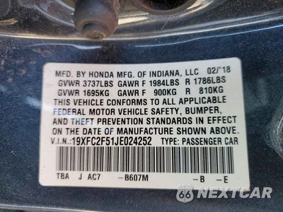 Zdjęcie 13 z 13 samochodu: 2018 HONDA CIVIC LX VIN:19XFC2F51JE024252 - miniatura