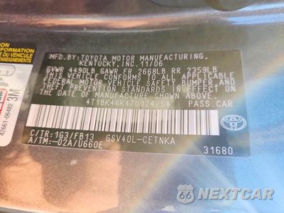 Zdjęcie 12 z 12 samochodu: 2007 TOYOTA CAMRY LE V6 VIN:4T1BK46K47U024254 - miniatura