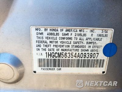 Zdjęcie 12 z 12 samochodu: 2004 HONDA ACCORD LX VIN:1HGCM56354A093907 - miniatura