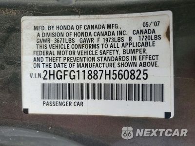 Zdjęcie 13 z 13 samochodu: 2007 HONDA CIVIC EX VIN:2HGFG11887H560825 - miniatura