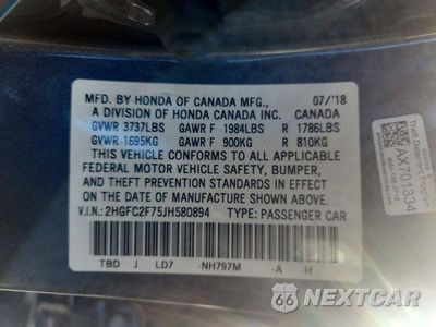 Zdjęcie 12 z 12 samochodu: 2018 HONDA CIVIC EX VIN:2HGFC2F75JH580894 - miniatura
