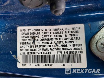 Zdjęcie 12 z 12 samochodu: 2012 HONDA CIVIC LX VIN:19XFB2F54CE034909 - miniatura