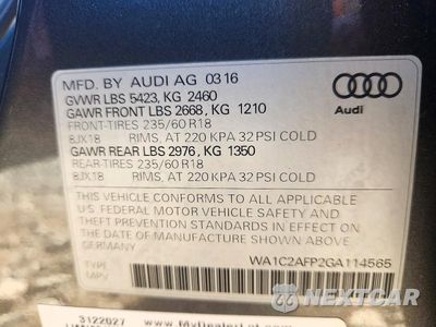 Zdjęcie 13 z 13 samochodu: 2016 AUDI Q5 PREMIUM VIN:WA1C2AFP2GA114565 - miniatura
