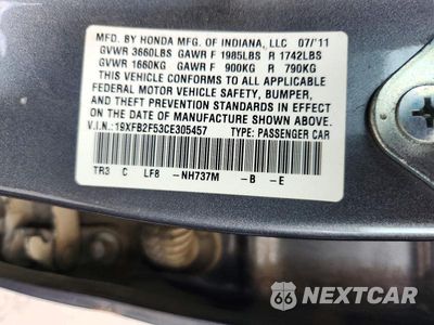 Zdjęcie 12 z 12 samochodu: 2012 HONDA CIVIC LX VIN:19XFB2F53CE305457 - miniatura