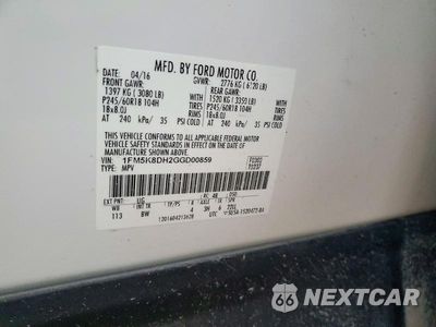 Zdjęcie 13 z 13 samochodu: 2016 FORD EXPLORER XLT VIN:1FM5K8DH2GGD00859 - miniatura