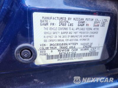 Zdjęcie 12 z 12 samochodu: 2005 NISSAN SENTRA 1.8 VIN:3N1CB51D35L477024 - miniatura