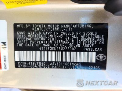 Zdjęcie 12 z 12 samochodu: 2011 TOYOTA CAMRY LE VIN:4T1BF3EK9BU228007 - miniatura