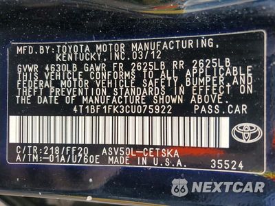 Zdjęcie 12 z 12 samochodu: 2012 TOYOTA CAMRY SE VIN:4T1BF1FK3CU075922 - miniatura