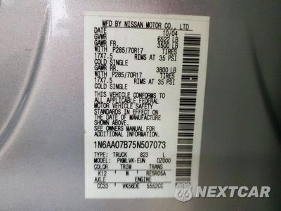 Zdjęcie 12 z 12 samochodu: 2005 NISSAN TITAN XE VIN:1N6AA07B75N507073 - miniatura