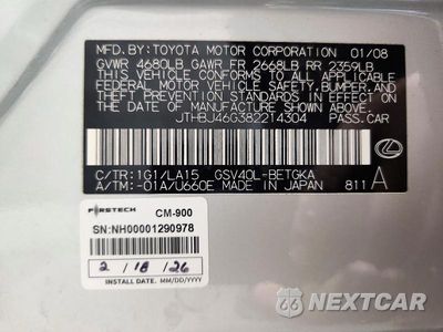 Zdjęcie 12 z 12 samochodu: 2008 LEXUS ES 350 VIN:JTHBJ46G382214304 - miniatura