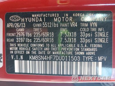 Zdjęcie 13 z 13 samochodu: 2013 HYUNDAI SANTA FE GLS VIN:KM8SN4HF7DU011503 - miniatura