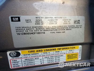 Zdjęcie 12 z 12 samochodu: 2012 CHEVROLET MALIBU LS VIN:1G1ZB5E04CF189110 - miniatura