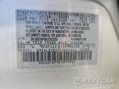Zdjęcie 12 z 12 samochodu: 2019 NISSAN SENTRA SV VIN:3N1AB7AP9KY243269 - miniatura
