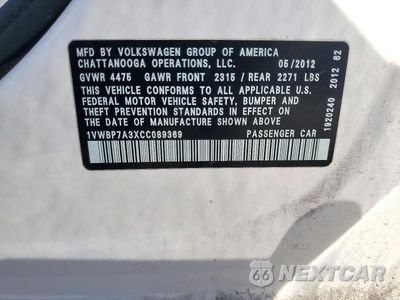 Zdjęcie 12 z 12 samochodu: 2012 VOLKSWAGEN PASSAT SE VIN:1VWBP7A3XCC089369 - miniatura