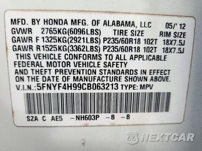 Zdjęcie 13 z 13 samochodu: 2012 HONDA PILOT TOURING VIN:5FNYF4H99CB063213 - miniatura