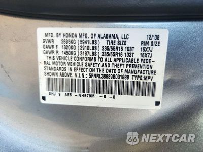 Zdjęcie 13 z 13 samochodu: 2009 HONDA ODYSSEY EXL VIN:5FNRL38689B031889 - miniatura