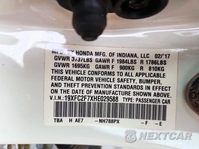 Zdjęcie 12 z 12 samochodu: 2017 HONDA CIVIC EX VIN:19XFC2F7XHE029588 - miniatura