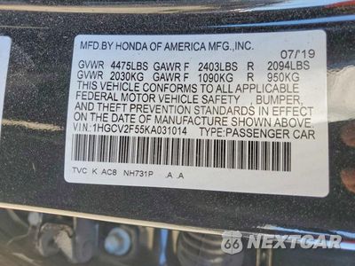 Zdjęcie 12 z 12 samochodu: 2019 HONDA ACCORD EXL VIN:1HGCV2F55KA031014 - miniatura