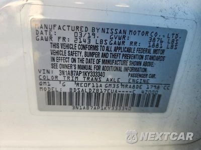 Zdjęcie 12 z 12 samochodu: 2019 NISSAN SENTRA SV VIN:3N1AB7AP1KY333340 - miniatura