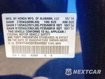 Zdjęcie 14 z 14 samochodu: 2015 HONDA PILOT EXL VIN:5FNYF4H50FB044082 - miniatura