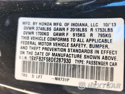 Zdjęcie 12 z 12 samochodu: 2013 HONDA CIVIC LX VIN:19XFB2F58DE287930 - miniatura