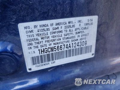 Zdjęcie 12 z 12 samochodu: 2004 HONDA ACCORD EX VIN:1HGCM56674A124309 - miniatura