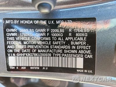 Zdjęcie 12 z 12 samochodu: 2019 HONDA CIVIC TYPE-R TOURING VIN:SHHFK8G78KU200939 - miniatura