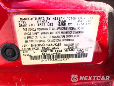 Zdjęcie 12 z 12 samochodu: 2005 NISSAN SENTRA 1.8 VIN:3N1CB51D25L569127 - miniatura