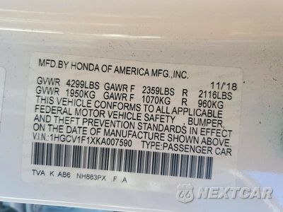 Zdjęcie 12 z 12 samochodu: 2019 HONDA ACCORD LX VIN:1HGCV1F1XKA007590 - miniatura