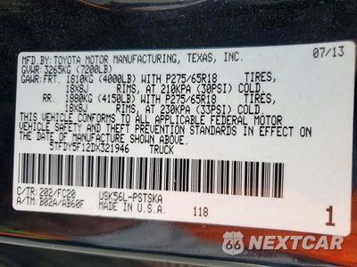 Zdjęcie 12 z 12 samochodu: 2013 TOYOTA TUNDRA CREWMAX SR5 VIN:5TFDY5F12DX321946 - miniatura
