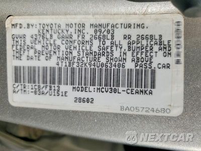 Zdjęcie 12 z 12 samochodu: 2004 TOYOTA CAMRY LE V6 VIN:4T1BF32K94U063406 - miniatura