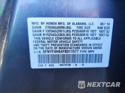 Zdjęcie 13 z 13 samochodu: 2015 HONDA PILOT EXL VIN:5FNYF4H64FB011577 - miniatura