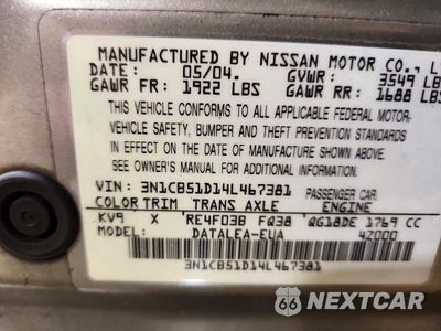 Zdjęcie 12 z 12 samochodu: 2004 NISSAN SENTRA 1.8 VIN:3N1CB51D14L467381 - miniatura