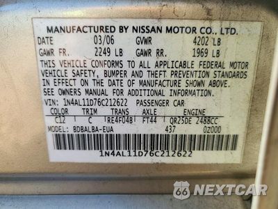 Zdjęcie 12 z 12 samochodu: 2006 NISSAN ALTIMA 2.5 VIN:1N4AL11D76C212622 - miniatura