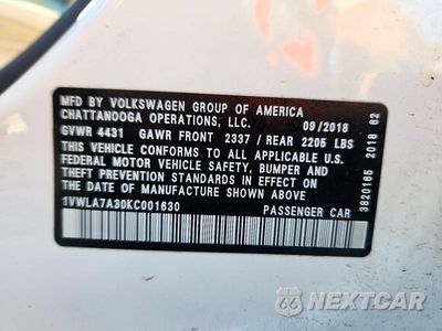 Zdjęcie 12 z 12 samochodu: 2019 VOLKSWAGEN PASSAT WOLFSBURG VIN:1VWLA7A30KC001630 - miniatura