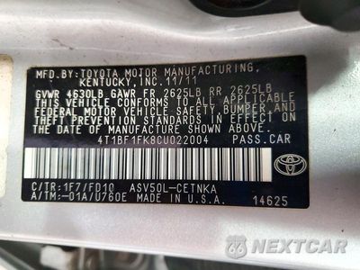Zdjęcie 12 z 12 samochodu: 2012 TOYOTA CAMRY LE VIN:4T1BF1FK8CU022004 - miniatura