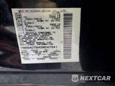 Zdjęcie 12 z 12 samochodu: 2005 NISSAN TITAN XE VIN:1N6BA07B45N547941 - miniatura