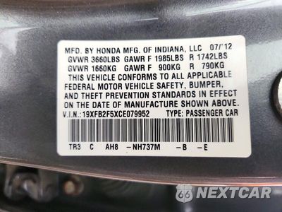 Zdjęcie 12 z 12 samochodu: 2012 HONDA CIVIC LX VIN:19XFB2F5XCE079952 - miniatura