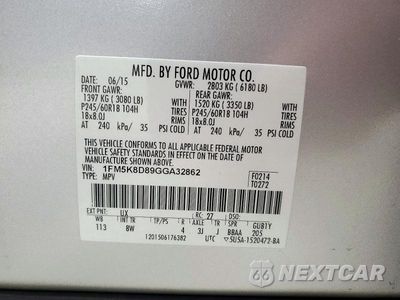 Zdjęcie 13 z 13 samochodu: 2016 FORD EXPLORER XLT VIN:1FM5K8D89GGA32862 - miniatura