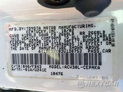 Zdjęcie 12 z 12 samochodu: 2003 TOYOTA CAMRY LE VIN:4T1BE32K03U130752 - miniatura