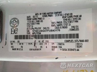 Zdjęcie 13 z 13 samochodu: 2015 FORD ESCAPE SE VIN:1FMCU9GX7FUB43176 - miniatura