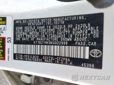 Zdjęcie 12 z 12 samochodu: 2019 TOYOTA CAMRY XSE V6 VIN:4T1BZ1HK9KU022998 - miniatura