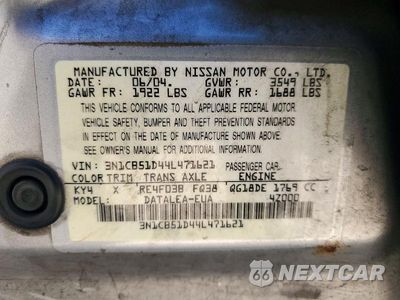 Zdjęcie 12 z 12 samochodu: 2004 NISSAN SENTRA 1.8 VIN:3N1CB51D44L471621 - miniatura