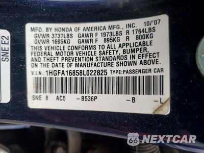 Zdjęcie 12 z 12 samochodu: 2008 HONDA CIVIC EX VIN:1HGFA16858L022825 - miniatura